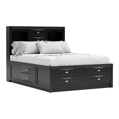 Black Carved Abstract Solid Wood King Bed Frame With Drawers HomeRoots