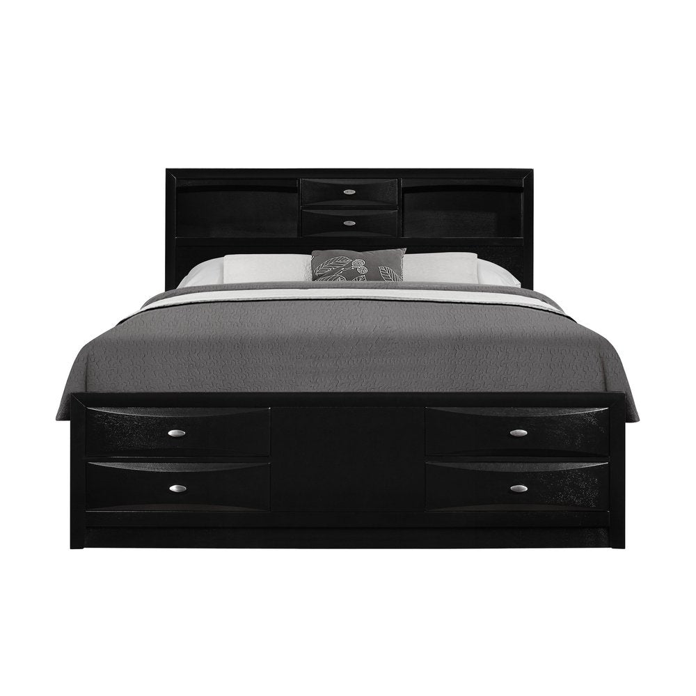 Black Carved Abstract Solid Wood King Bed Frame With Drawers HomeRoots