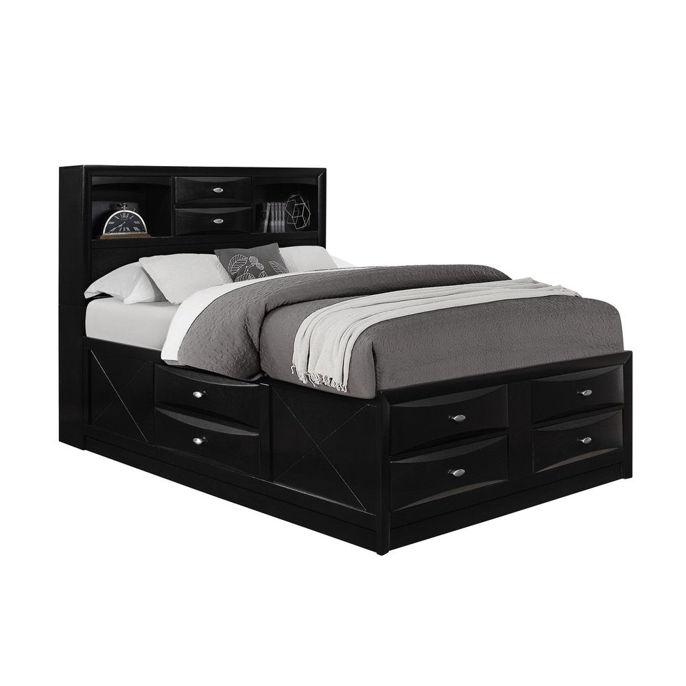 Black Carved Abstract Solid Wood King Bed Frame With Drawers HomeRoots