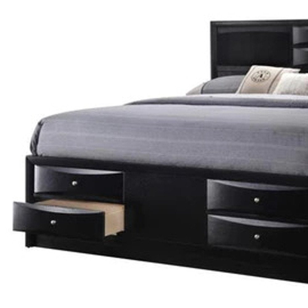 Black Carved Abstract Solid Wood King Bed Frame With Drawers HomeRoots