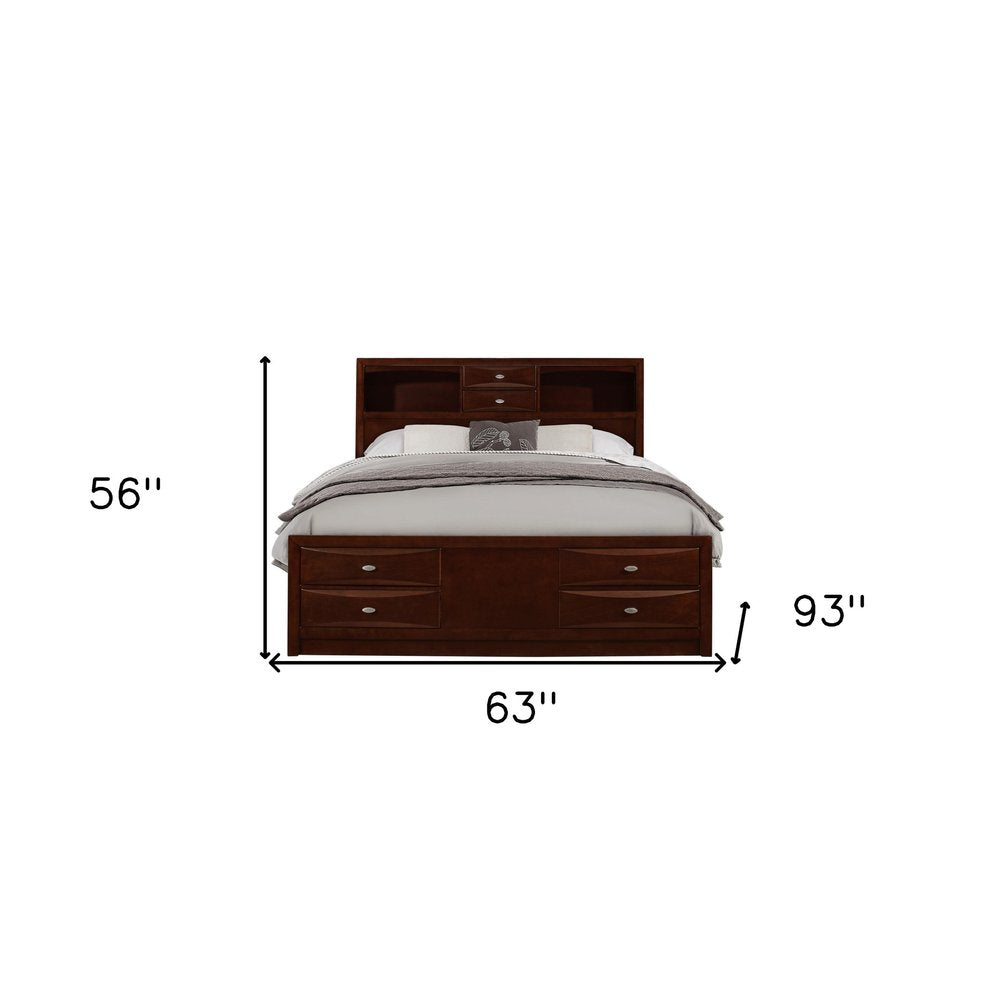 Merlot Solid Wood Queen Bed Frame With Eight Drawers HomeRoots