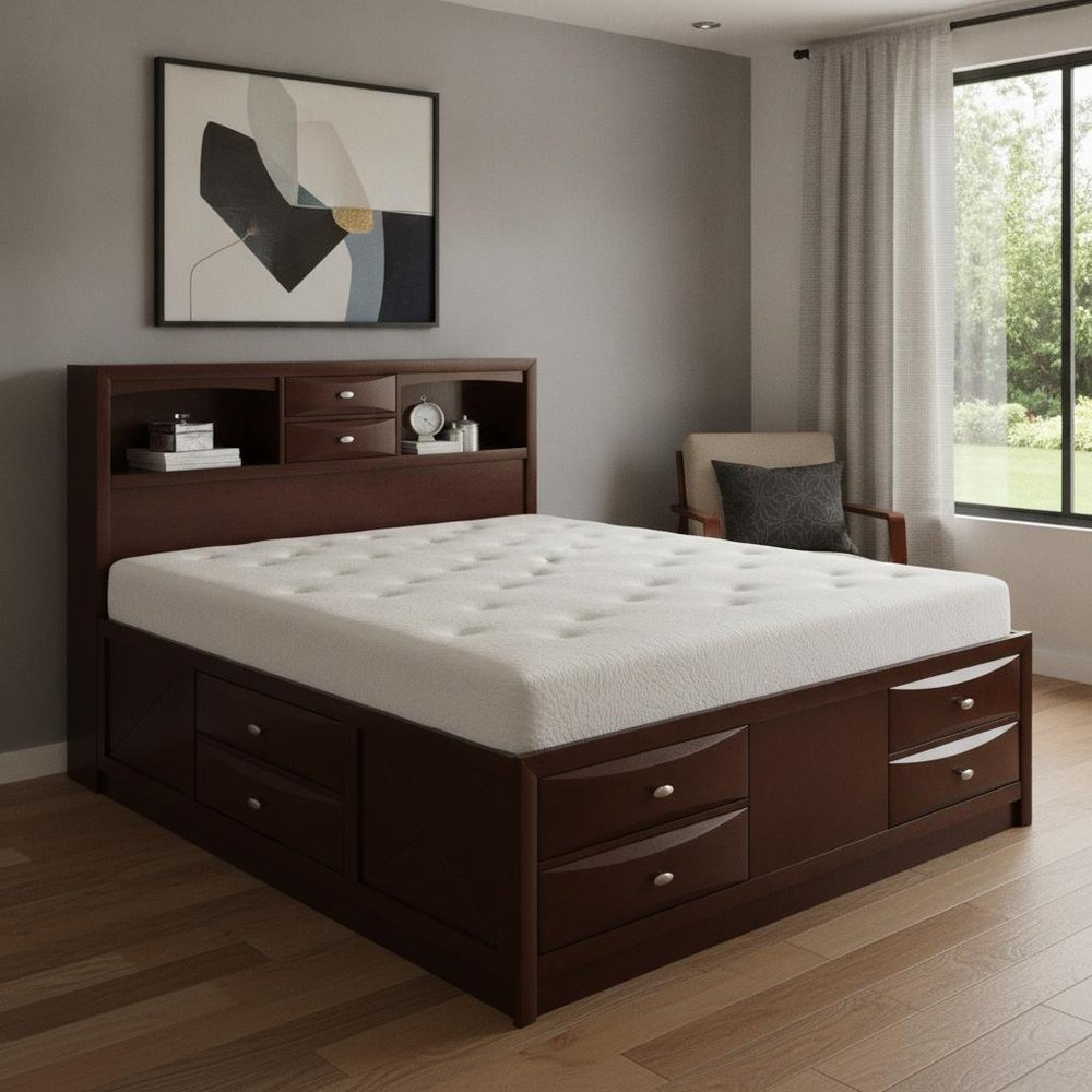 Merlot Solid Wood Queen Bed Frame With Eight Drawers — view 6