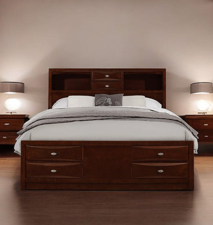 Merlot Solid Wood Queen Bed Frame With Eight Drawers HomeRoots