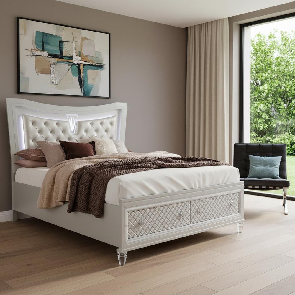 Champagne Tone Queen Bed With Padded Headboard  Led Lightning  2 Drawer HomeRoots