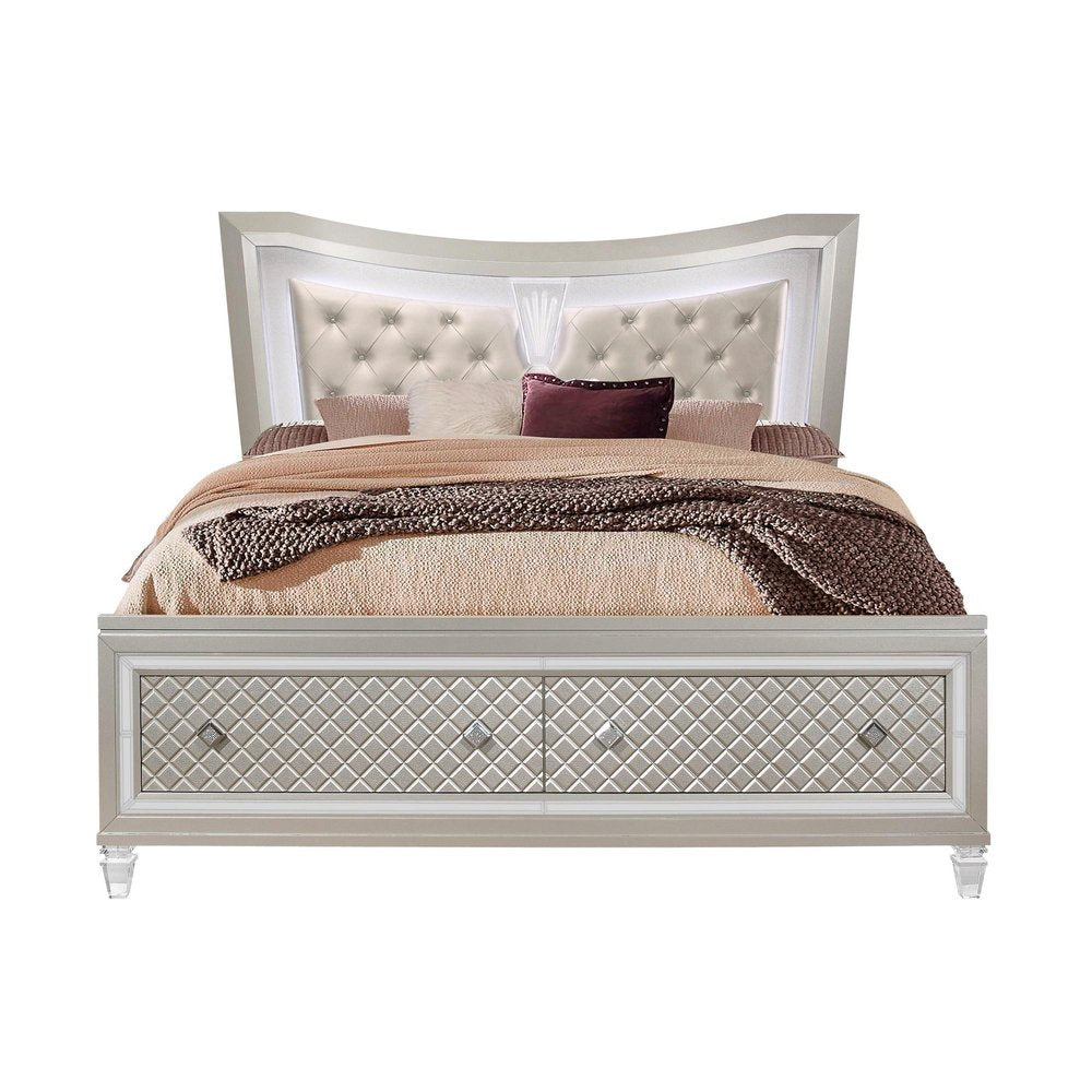 Champagne Tone Queen Bed With Padded Headboard  Led Lightning  2 Drawer HomeRoots