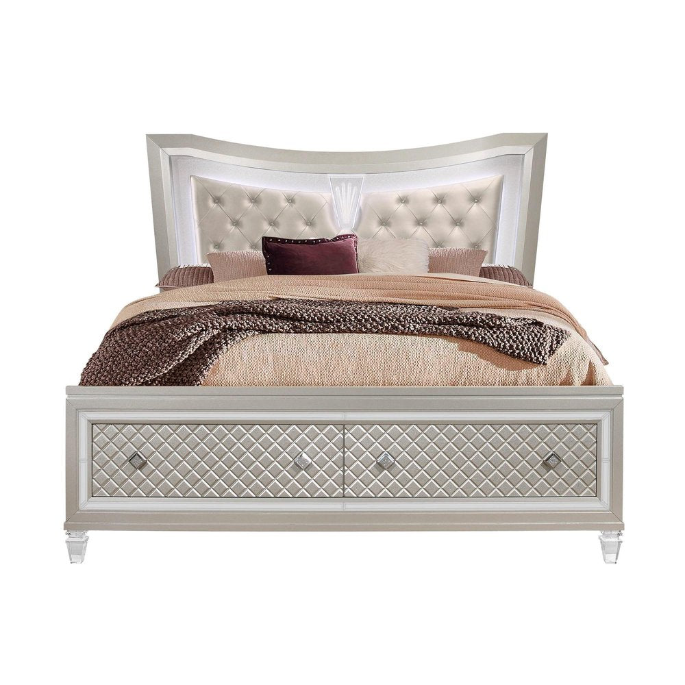 Champagne Tone Queen Bed With Padded Headboard  Led Lightning  2 Drawer HomeRoots
