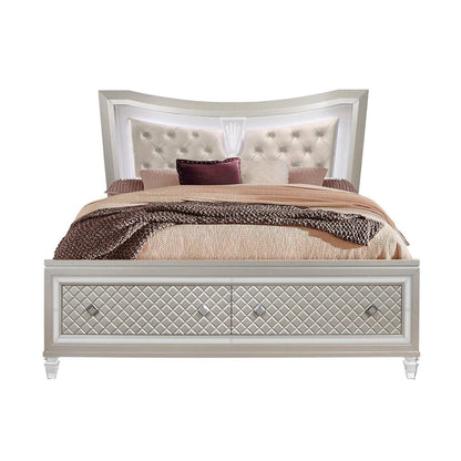 Champagne Tone Queen Bed With Padded Headboard  Led Lightning  2 Drawer HomeRoots