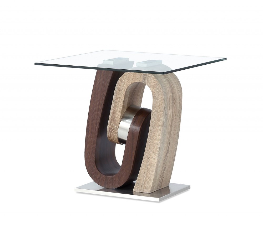 23" Walnut, Oak And Clear Glass Square End Table HomeRoots