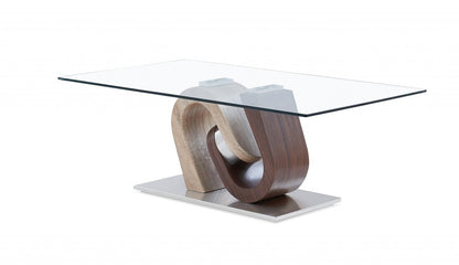 47" Clear Oak Walnut And Silver Glass Pedestal Coffee Table HomeRoots