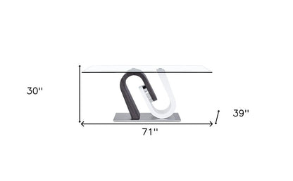 71" Clear And White and Gray Glass And Stainless Steel Pedestal Base Dining Table HomeRoots