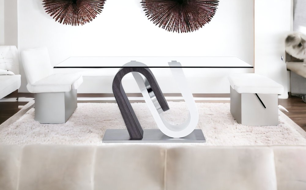 71" Clear And White and Gray Glass And Stainless Steel Pedestal Base Dining Table HomeRoots