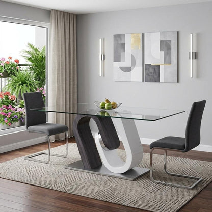 71" Clear And White and Gray Glass And Stainless Steel Pedestal Base Dining Table HomeRoots