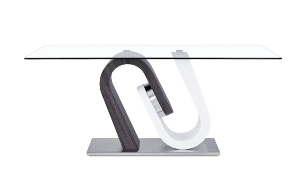 71" Clear And White and Gray Glass And Stainless Steel Pedestal Base Dining Table HomeRoots