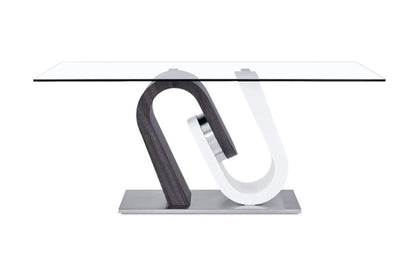 71" Clear And White and Gray Glass And Stainless Steel Pedestal Base Dining Table HomeRoots