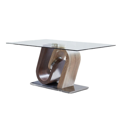 71" Clear And Brown and Silver Glass And Stainless Steel and Manufactured Wood Pedestal Base Dining Table HomeRoots