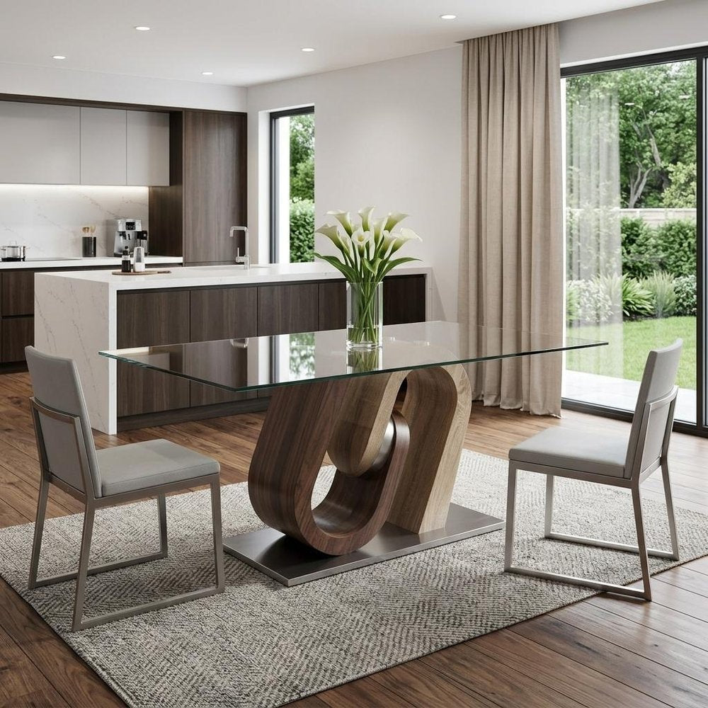 71" Clear And Brown and Silver Glass And Stainless Steel and Manufactured Wood Pedestal Base Dining Table HomeRoots