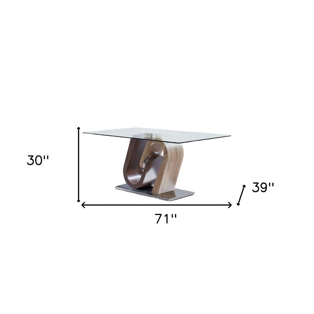 71" Clear And Brown and Silver Glass And Stainless Steel and Manufactured Wood Pedestal Base Dining Table HomeRoots