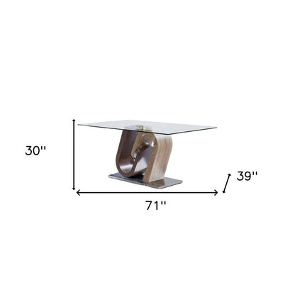 71" Clear And Brown and Silver Glass And Stainless Steel and Manufactured Wood Pedestal Base Dining Table HomeRoots