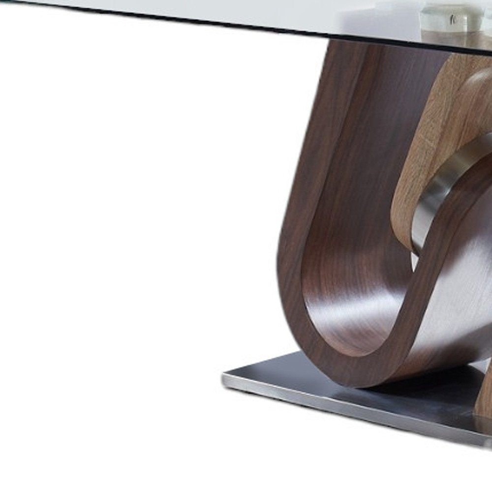 71" Clear And Brown and Silver Glass And Stainless Steel and Manufactured Wood Pedestal Base Dining Table HomeRoots