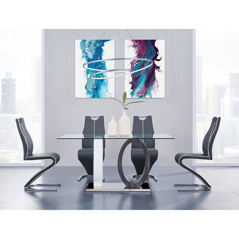 63" Clear Gray and White Glass And Metal Double Pedestal Base Dining Table HomeRoots
