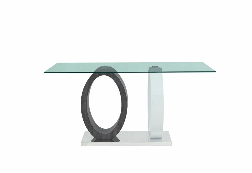 63" Clear Gray and White Glass And Metal Double Pedestal Base Dining Table — view 2