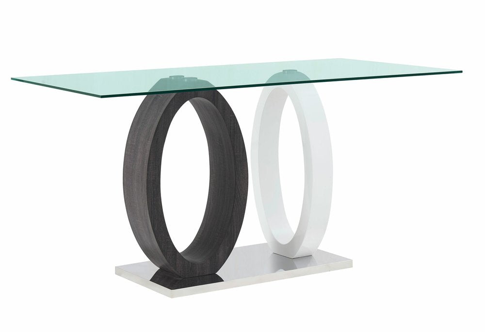 63" Clear Gray and White Glass And Metal Double Pedestal Base Dining Table HomeRoots