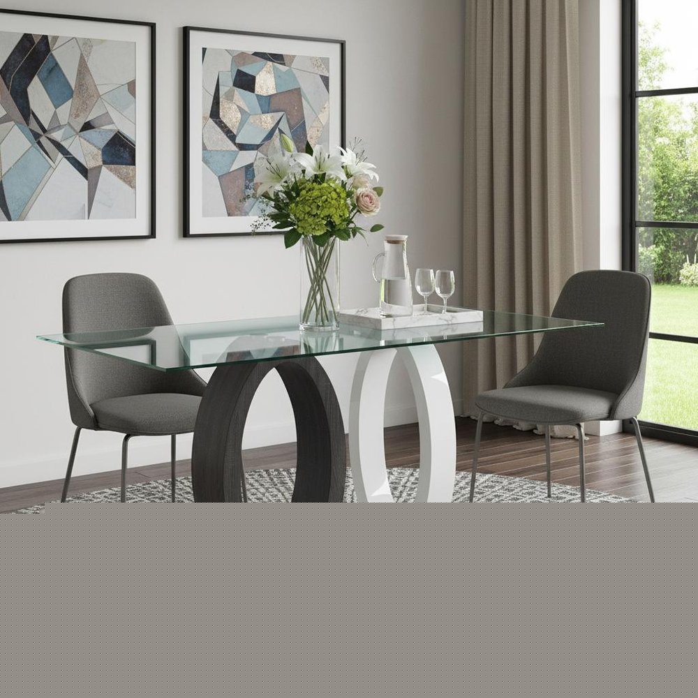 63" Clear Gray and White Glass And Metal Double Pedestal Base Dining Table HomeRoots