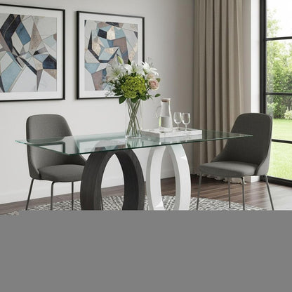 63" Clear Gray and White Glass And Metal Double Pedestal Base Dining Table HomeRoots