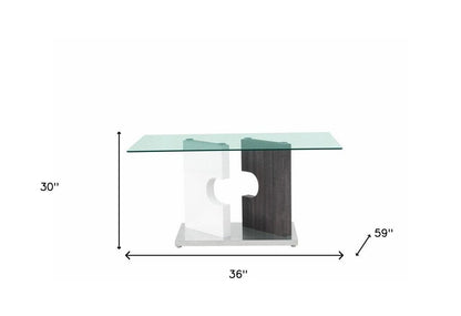 36" Clear And Gray Glass And Stainless Steel Double Pedestal Base Dining Table HomeRoots