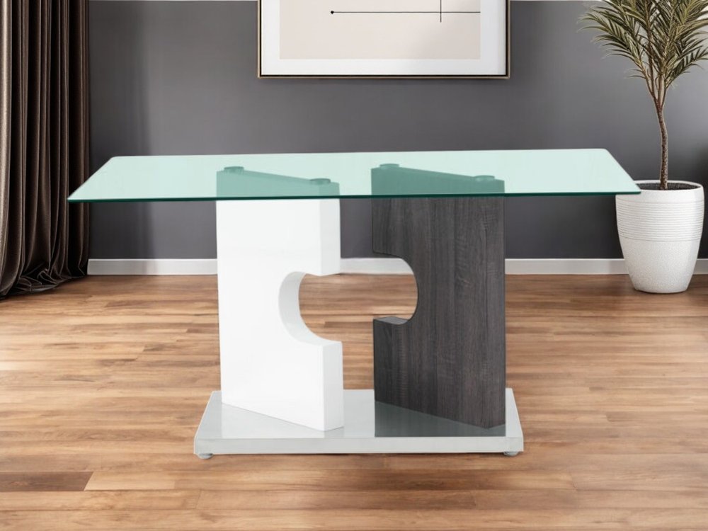 36" Clear And Gray Glass And Stainless Steel Double Pedestal Base Dining Table HomeRoots