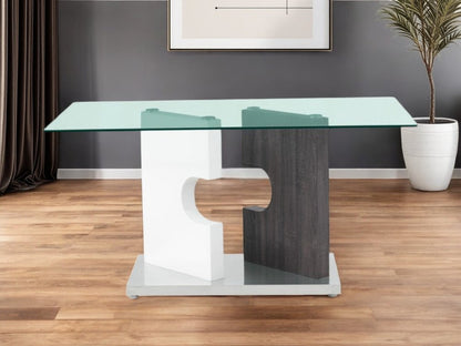 36" Clear And Gray Glass And Stainless Steel Double Pedestal Base Dining Table HomeRoots