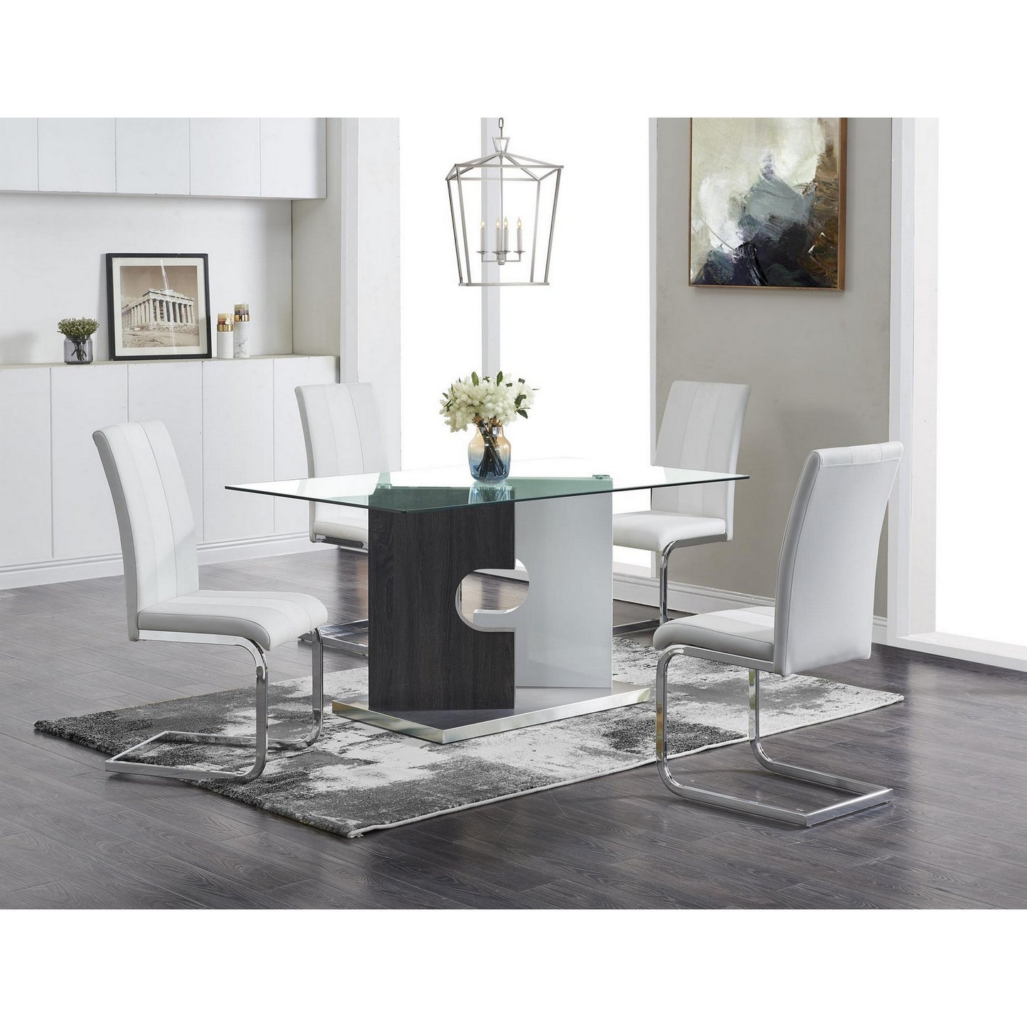 36" Clear And Gray Glass And Stainless Steel Double Pedestal Base Dining Table