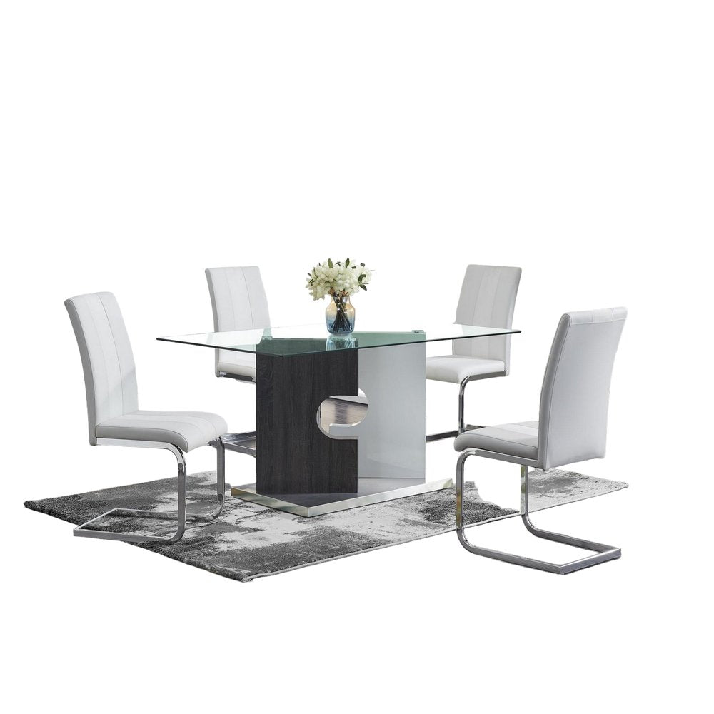 36" Clear And Gray Glass And Stainless Steel Double Pedestal Base Dining Table HomeRoots