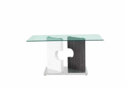 36" Clear And Gray Glass And Stainless Steel Double Pedestal Base Dining Table HomeRoots