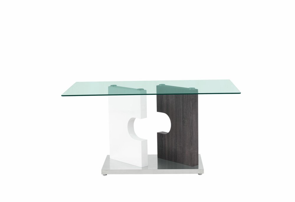36" Clear And Gray Glass And Stainless Steel Double Pedestal Base Dining Table HomeRoots