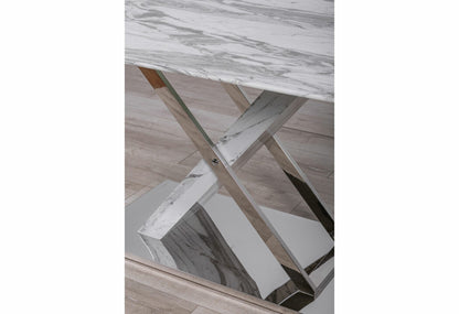 71" Gray and White And Silver Marble And Stainless Steel Pedestal Base Dining Table