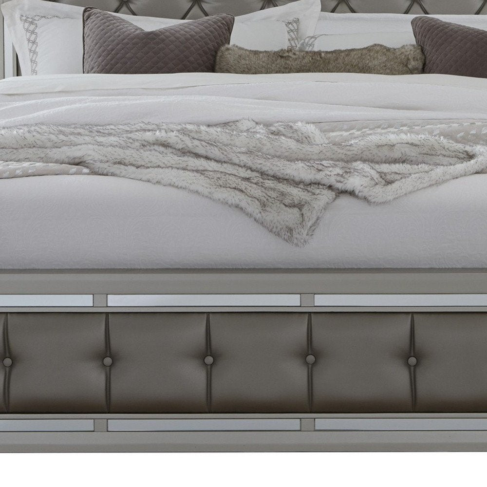Silver Tufted Linen Upholstered Full Bed Frame with Nailhead Trim With No HomeRoots