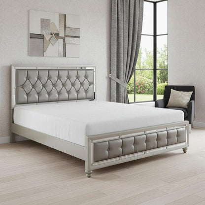Silver Tufted Linen Upholstered Full Bed Frame with Nailhead Trim With No HomeRoots