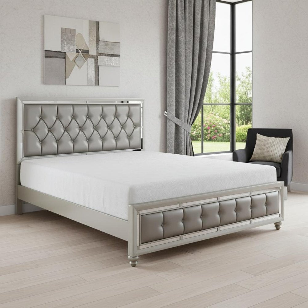 Silver Tufted Linen Upholstered Full Bed Frame with Nailhead Trim With No HomeRoots