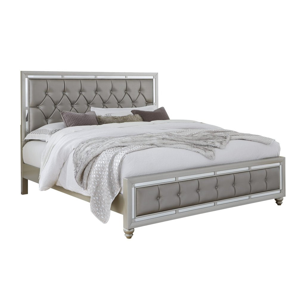 Silver Wood And Tufted Linen Queen Bed Frame With Nailhead Trim HomeRoots