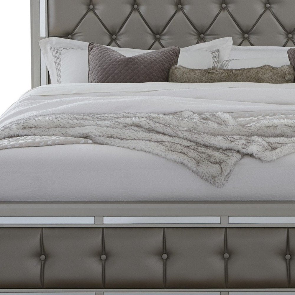 Silver Wood And Tufted Linen Queen Bed Frame With Nailhead Trim HomeRoots