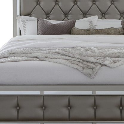 Silver Wood And Tufted Linen Queen Bed Frame With Nailhead Trim HomeRoots
