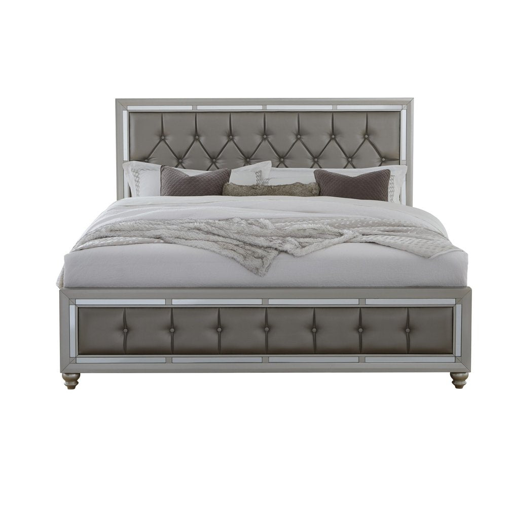 Silver Champagne Tone King Bed  Padded Headboard  Padded Footboard  Mirror Trim Accents HomeRoots