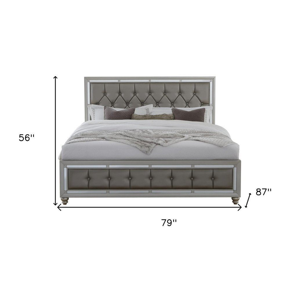 Silver Champagne Tone King Bed  Padded Headboard  Padded Footboard  Mirror Trim Accents HomeRoots