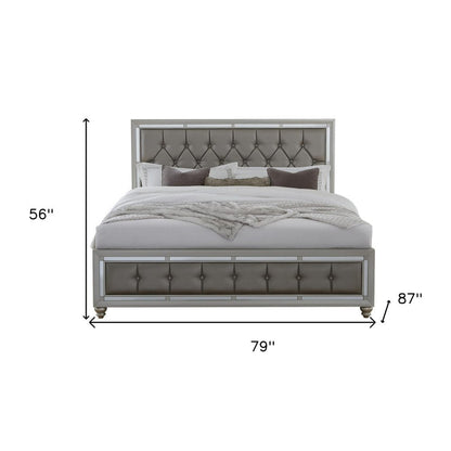 Silver Champagne Tone King Bed  Padded Headboard  Padded Footboard  Mirror Trim Accents HomeRoots