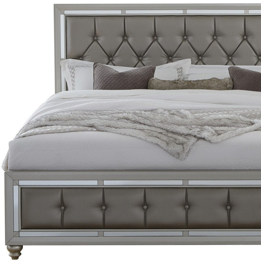 Silver Champagne Tone King Bed  Padded Headboard  Padded Footboard  Mirror Trim Accents HomeRoots