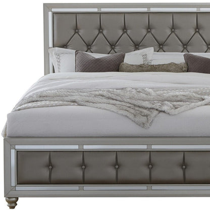 Silver Champagne Tone King Bed  Padded Headboard  Padded Footboard  Mirror Trim Accents HomeRoots