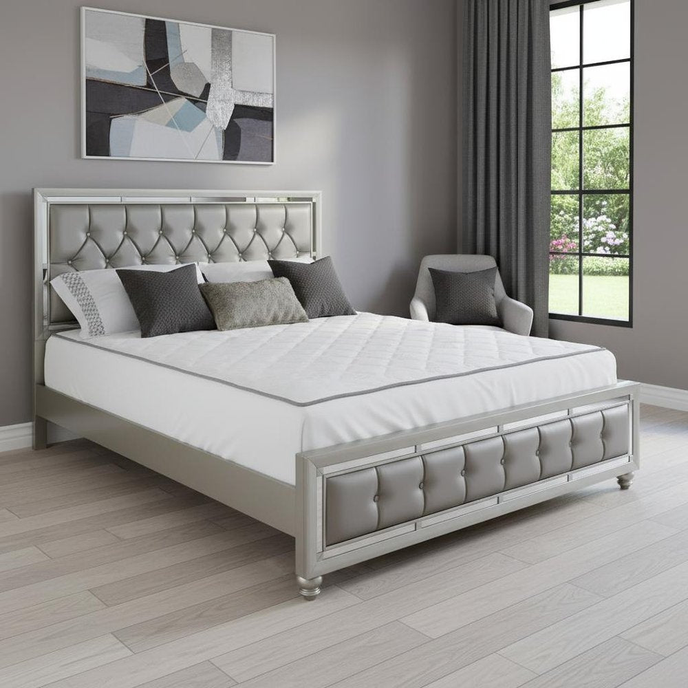 Silver Champagne Tone King Bed  Padded Headboard  Padded Footboard  Mirror Trim Accents HomeRoots