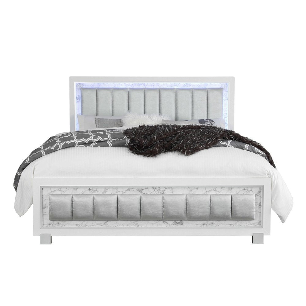 Modern Luxurious White Queen Bed With Padded Headboard  Led Lightning HomeRoots
