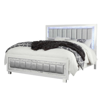 Modern Luxurious White Queen Bed With Padded Headboard  Led Lightning HomeRoots
